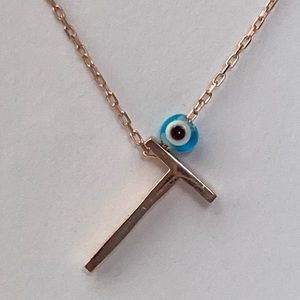 925 Silver letter T initial evil eye necklace 14K rose gold plated